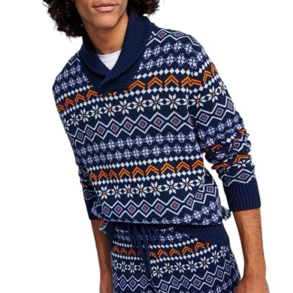 Sun + Stone Fair Isle Pattern Shawl-Collar Ribbed Sweater Blue Men’s Size XL
